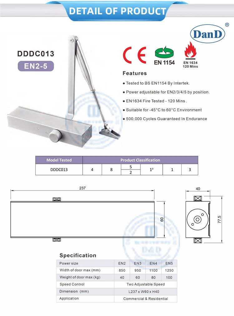 UL Listed Aluminum Alloy Best 180 Degree Automatic Hydraulic Fire Rated Back Check Adjusting Overhead Quiet Hold Open Residential CE Door Closer