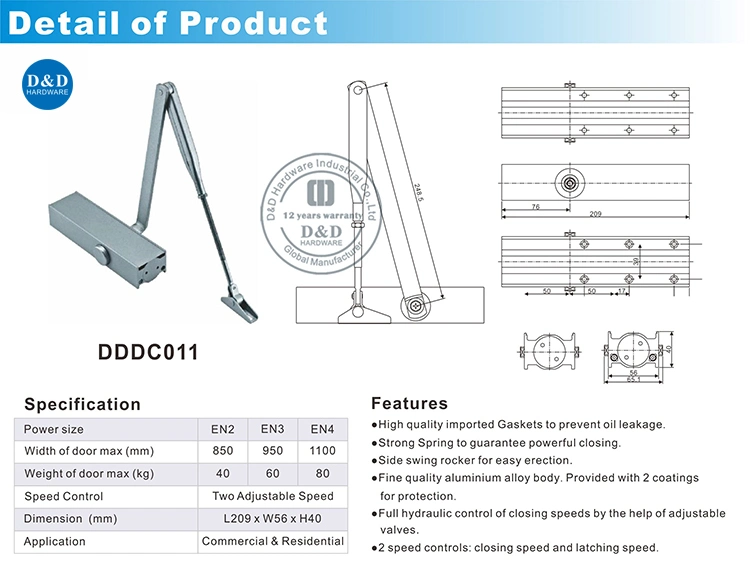 Hydraulic Standard Size Entrance Swing Door Closer with Hold Open